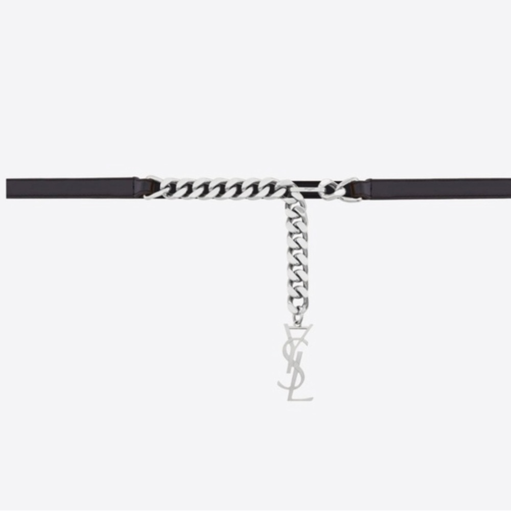 YSL black leather and silver chain belt